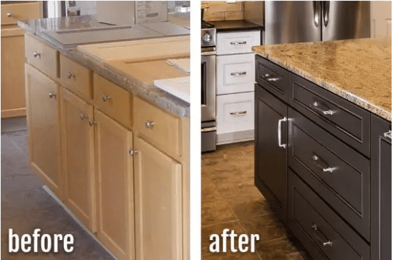 before and after picture of a brown kitchen cabinet