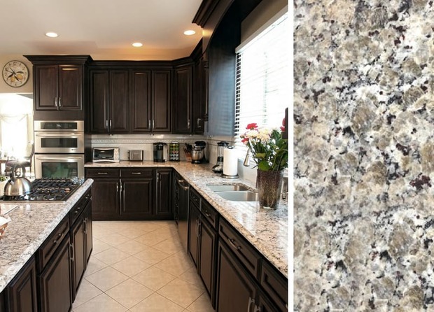 Beige countertops with dark wooden cabinets